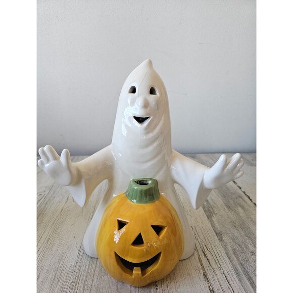 Vintage ceramic ghost pumpkin 10" light up Halloween decor centerpiece statue fi - Picture 1 of 10
